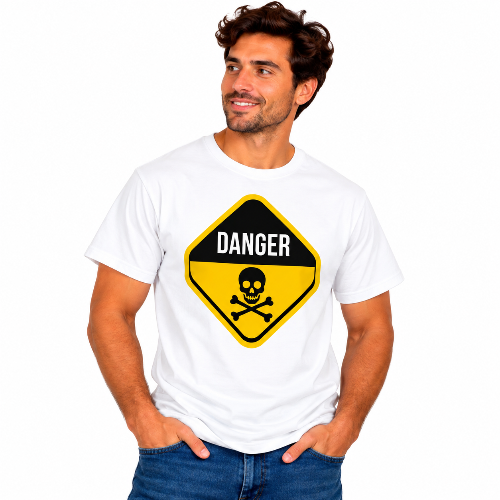 Man wearing a white Danger graphic T-shirt with a yellow and black skull warning sign.