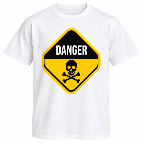 White Danger graphic T-shirt with a yellow and black warning sign and skull design.