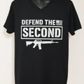 Black Defend The Second T-Shirt featuring distressed Second Amendment graphic design with rifle silhouette and patriotic freedom message.