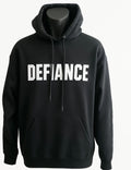 Black unisex cozy hoodie featuring a bold Defiance typography graphic for everyday casual wear, streetwear, and minimalist fashion.