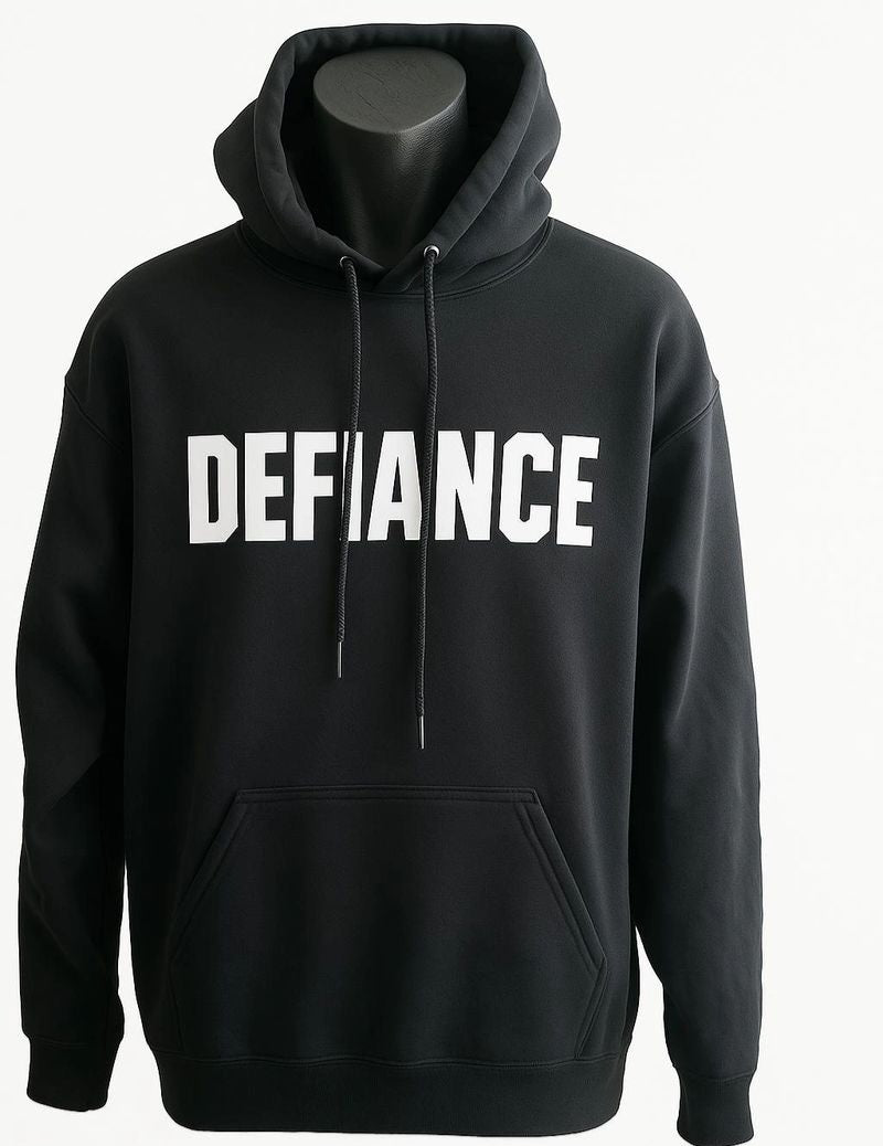 Black unisex cozy hoodie featuring a bold Defiance typography graphic for everyday casual wear, streetwear, and minimalist fashion.