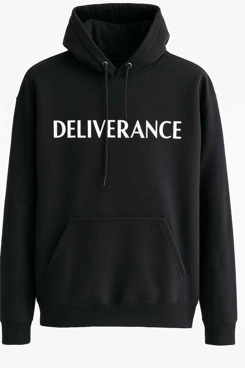 Black unisex Deliverance Cozy Hoodie featuring a clean minimalist white Deliverance graphic on a soft warm pullover sweatshirt for casual everyday comfort.