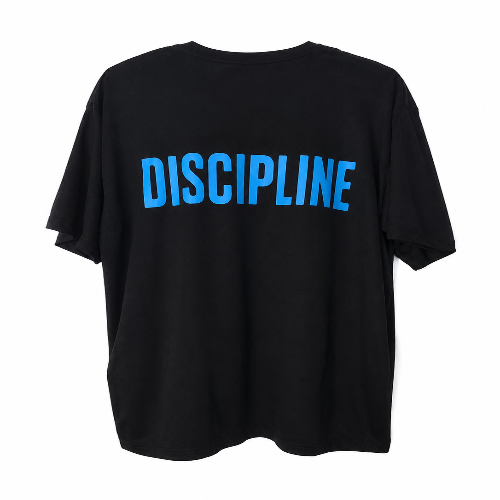 A black short-sleeve t-shirt with the word 'DISCIPLINE' printed across the chest in bold blue capital letters, shown against a plain white background.