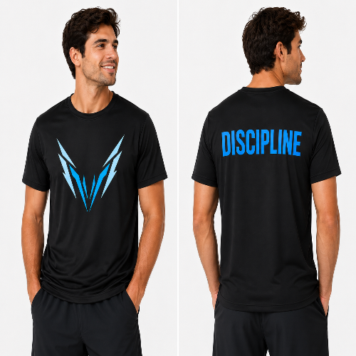 A man modeling a black short-sleeve athletic T-shirt shown from both front and back. The front has a blue and light blue angular wing-like graphic on the chest.