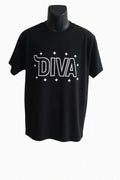 Black t-shirt with 'DIVA' text on a mannequin against a white background