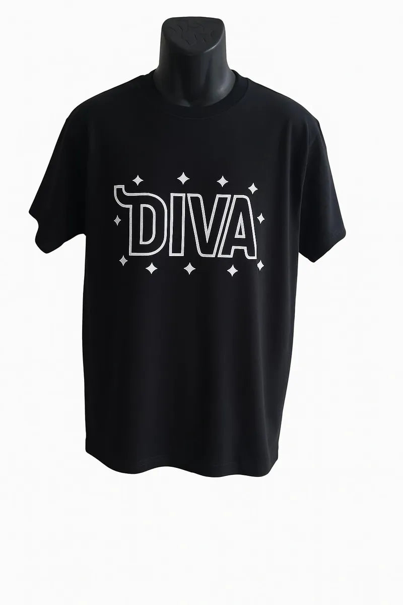 Black t-shirt with 'DIVA' text on a mannequin against a white background