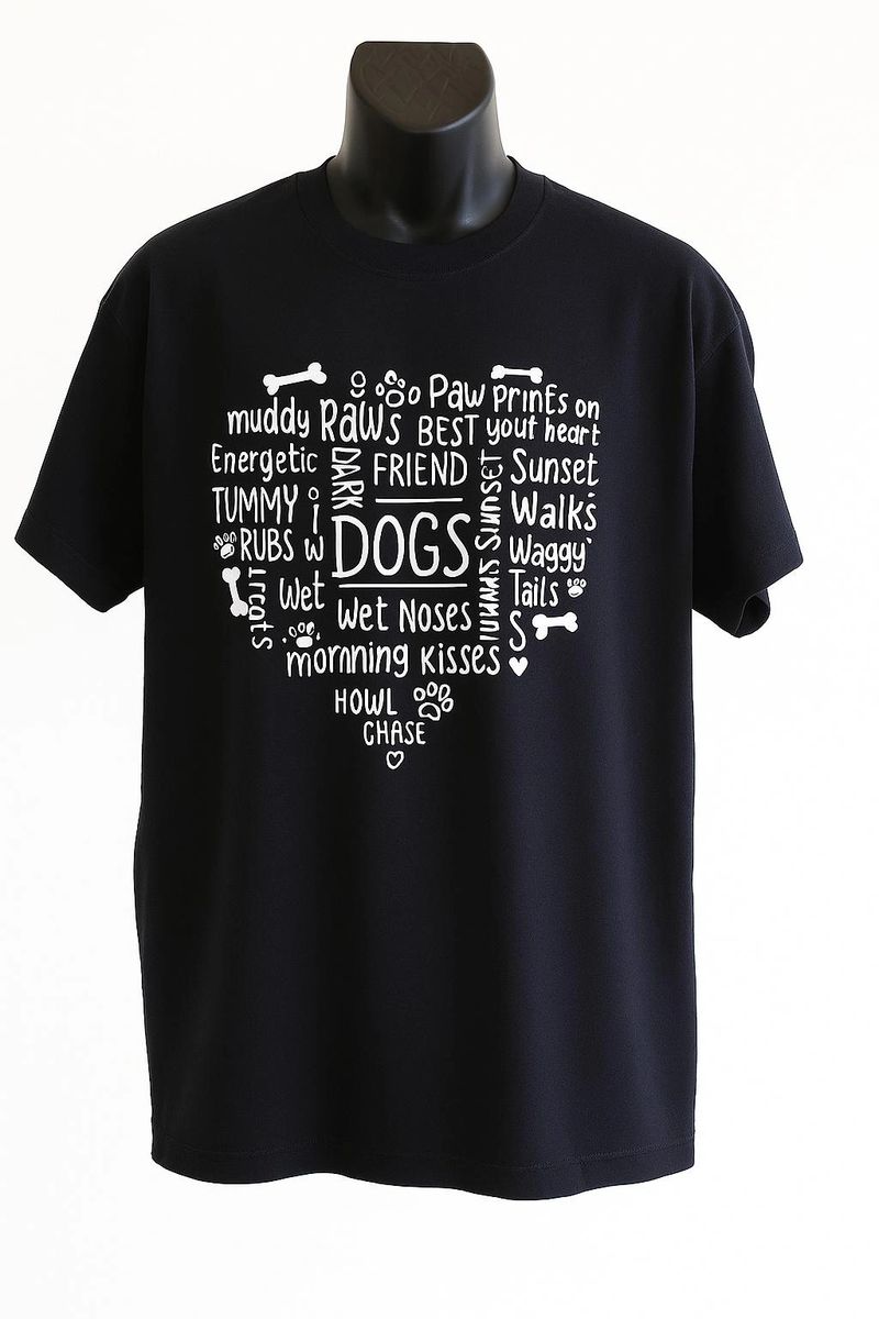 Black unisex graphic T shirt featuring a heart-shaped dog word art design for dog lovers, pet parents, dog moms, and dog dads.