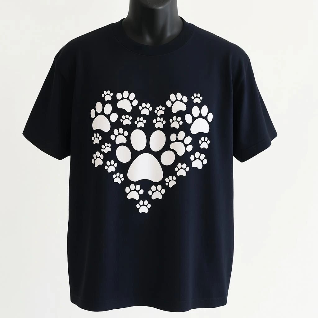 Dog Lover Paw Print Graphic T Shirt featuring a heart-shaped paw design. Comfortable unisex tee for dog moms, dog dads, pet lovers, and everyday casual wear.