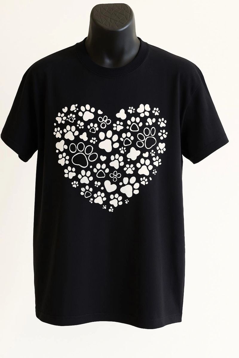 Black unisex graphic T shirt featuring a heart made from white paw prints for dog lovers, pet parents, dog moms, and dog dads.