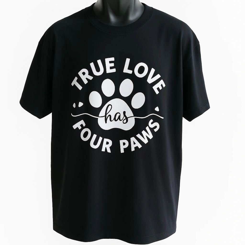 Black unisex graphic T-shirt featuring a white paw print design with the phrase "True Love Has Four Paws," perfect for dog lovers, pet owners, dog moms, and dog dads.