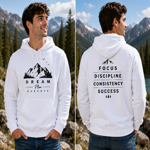 A man wearing a white pullover hoodie with black graphic text and mountain illustrations, shown in front and back views against a mountain lake background.