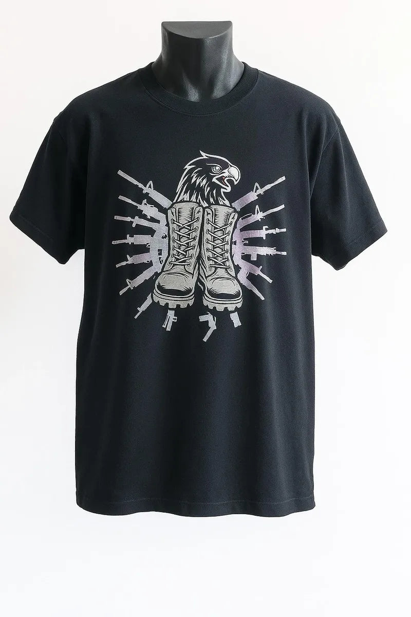 Black graphic short sleeve t-shirt with eagle and boots design, bold unisex streetwear tee for casual everyday fashion by LB AND SK DESIGN SHOP