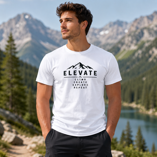 White Elevate graphic T-shirt featuring a mountain silhouette and the words Climb Create Explore Repeat. Premium unisex hiking shirt for outdoor adventures.