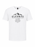 White Elevate graphic T-shirt featuring a mountain silhouette and the words Climb Create Explore Repeat. Premium unisex hiking shirt for outdoor adventures.