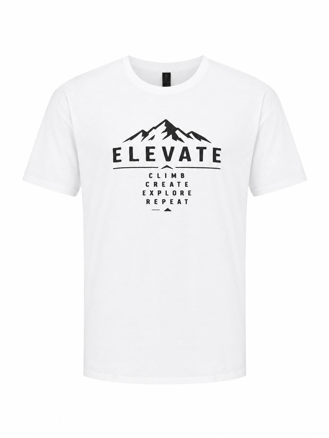 White Elevate graphic T-shirt featuring a mountain silhouette and the words Climb Create Explore Repeat. Premium unisex hiking shirt for outdoor adventures.