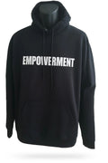 Black unisex hoodie featuring a bold Empowerment typography graphic for everyday casual wear, streetwear, and modern minimalist fashion.