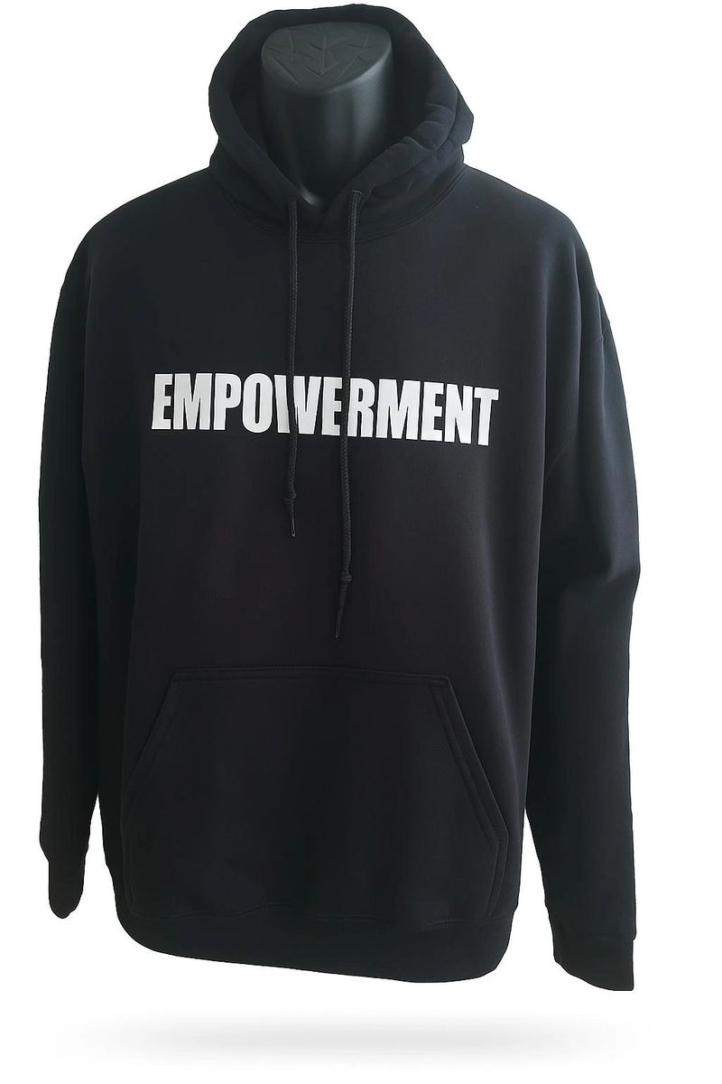 Black unisex hoodie featuring a bold Empowerment typography graphic for everyday casual wear, streetwear, and modern minimalist fashion.