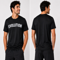 A man modeling a black short-sleeve athletic T-shirt shown from both front and back views against a light gray studio background. The front features the word 'EVOLUTION' printed in large white letters across the chest, and the back is plain black.