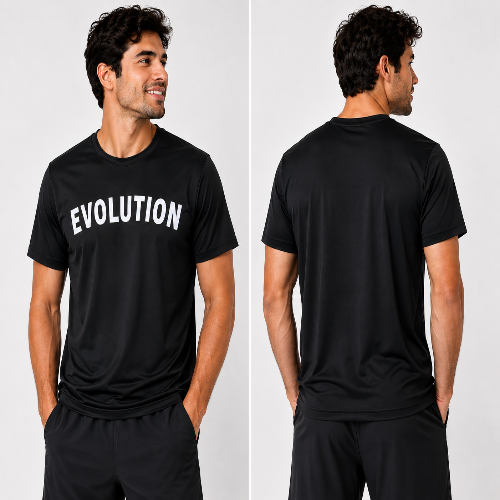 A man modeling a black short-sleeve athletic T-shirt shown from both front and back views against a light gray studio background. The front features the word 'EVOLUTION' printed in large white letters across the chest, and the back is plain black.