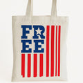 Patriotic USA tote bag featuring FREE text and red white blue American flag design on reusable canvas shopping tote.