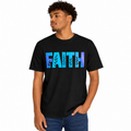 Male model wearing a black unisex T-shirt featuring a blue and purple “FAITH” graphic with leaf accents on a white background