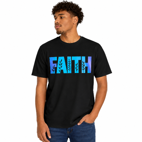 Male model wearing a black unisex T-shirt featuring a blue and purple “FAITH” graphic with leaf accents on a white background