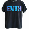 Black graphic t-shirt featuring the word "FAITH" in bold blue typography, inspirational unisex statement tee for casual everyday style.