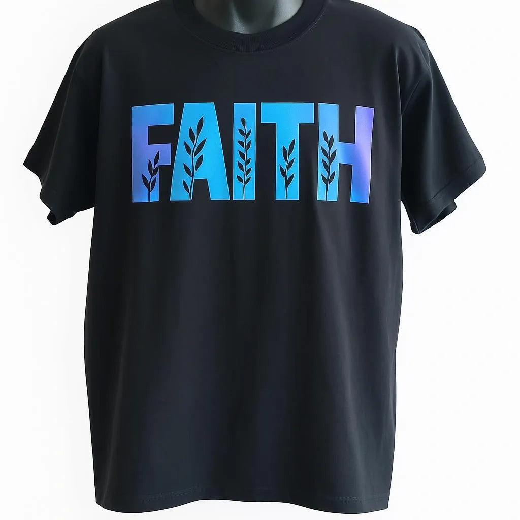 Black graphic t-shirt featuring the word "FAITH" in bold blue typography, inspirational unisex statement tee for casual everyday style.