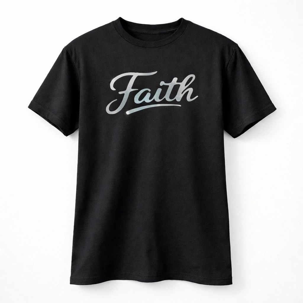 Black unisex graphic T shirt featuring the word "Faith" in elegant white script typography. Soft cotton casual tee with a minimalist design for everyday wear, gifting, and timeless style.
