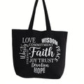 Black cotton tote bag with faith word art typography design featuring faith, hope, trust, love, joy, and inspiration words, reusable shoulder tote for church, shopping, travel, work, and everyday carry