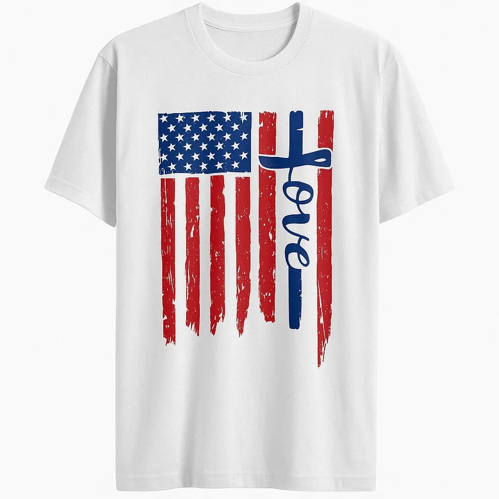 White graphic short sleeve t-shirt featuring distressed American flag artwork with faith and freedom inspirational design in red and blue patriotic style for unisex casual everyday wear.