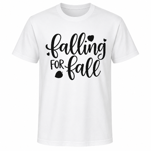 A white short-sleeve crewneck t-shirt with a black graphic print on the front reading 'falling FOR fall' in a stylized script and block font, decorated with small heart and leaf motifs, shown on a plain white background.