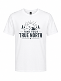Find Your True North white graphic T-shirt featuring a minimalist road, sunrise, and pine tree design for hikers, campers, travelers, and outdoor adventure lovers.