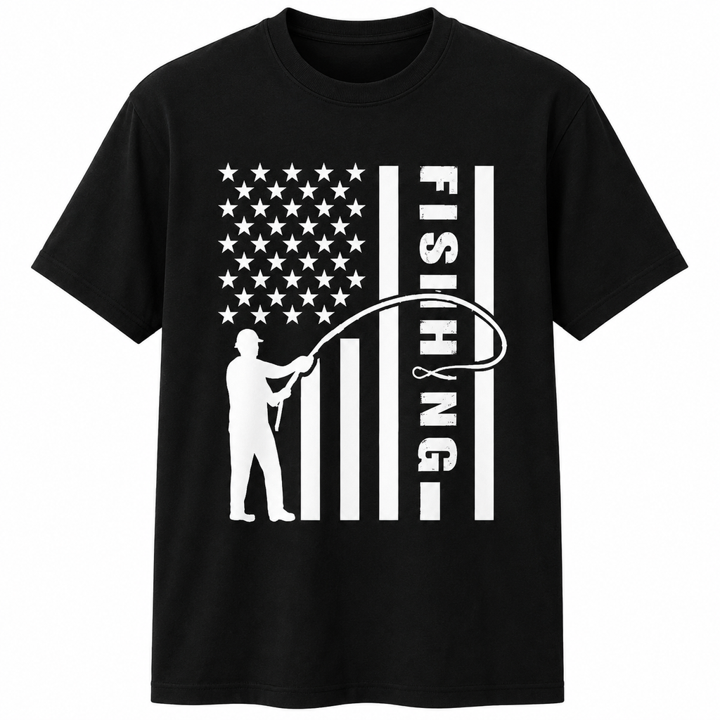 A black short-sleeve crewneck t-shirt featuring a white graphic print of a fishing-themed American flag with a silhouette of a fisherman casting a line and the word 'FISHING' printed vertically.