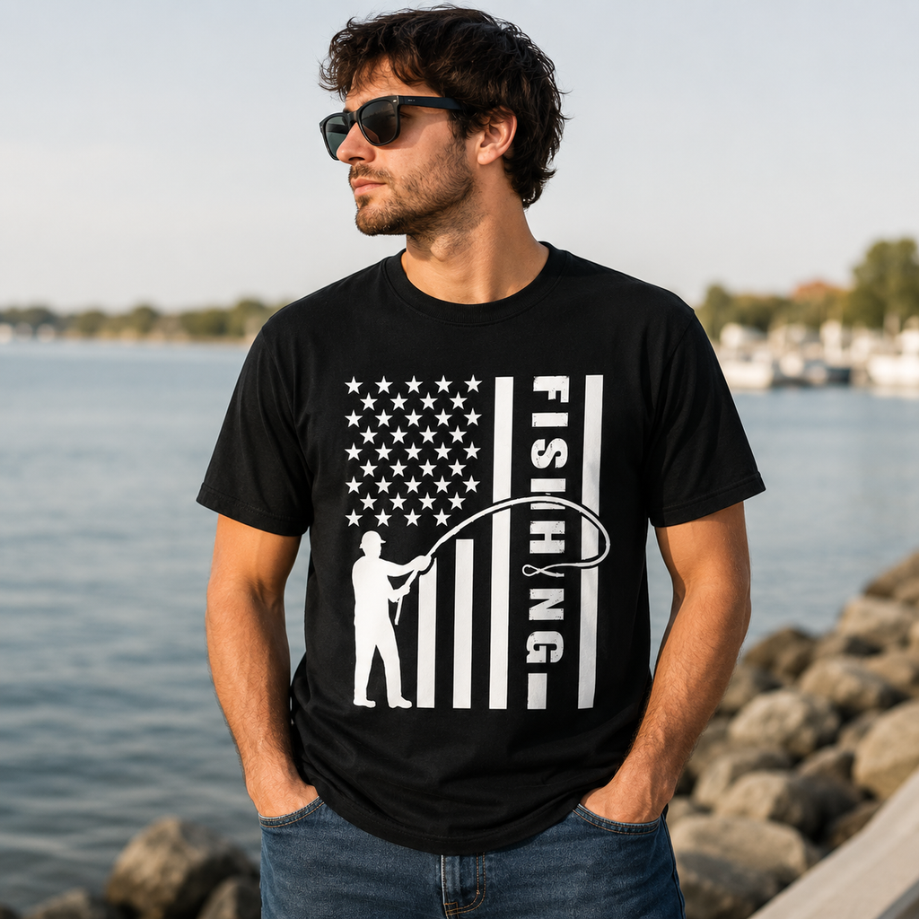 A man wearing a black t-shirt with a white graphic of a fishing flag and the word 'FISHING' stands in front of a rocky waterfront.