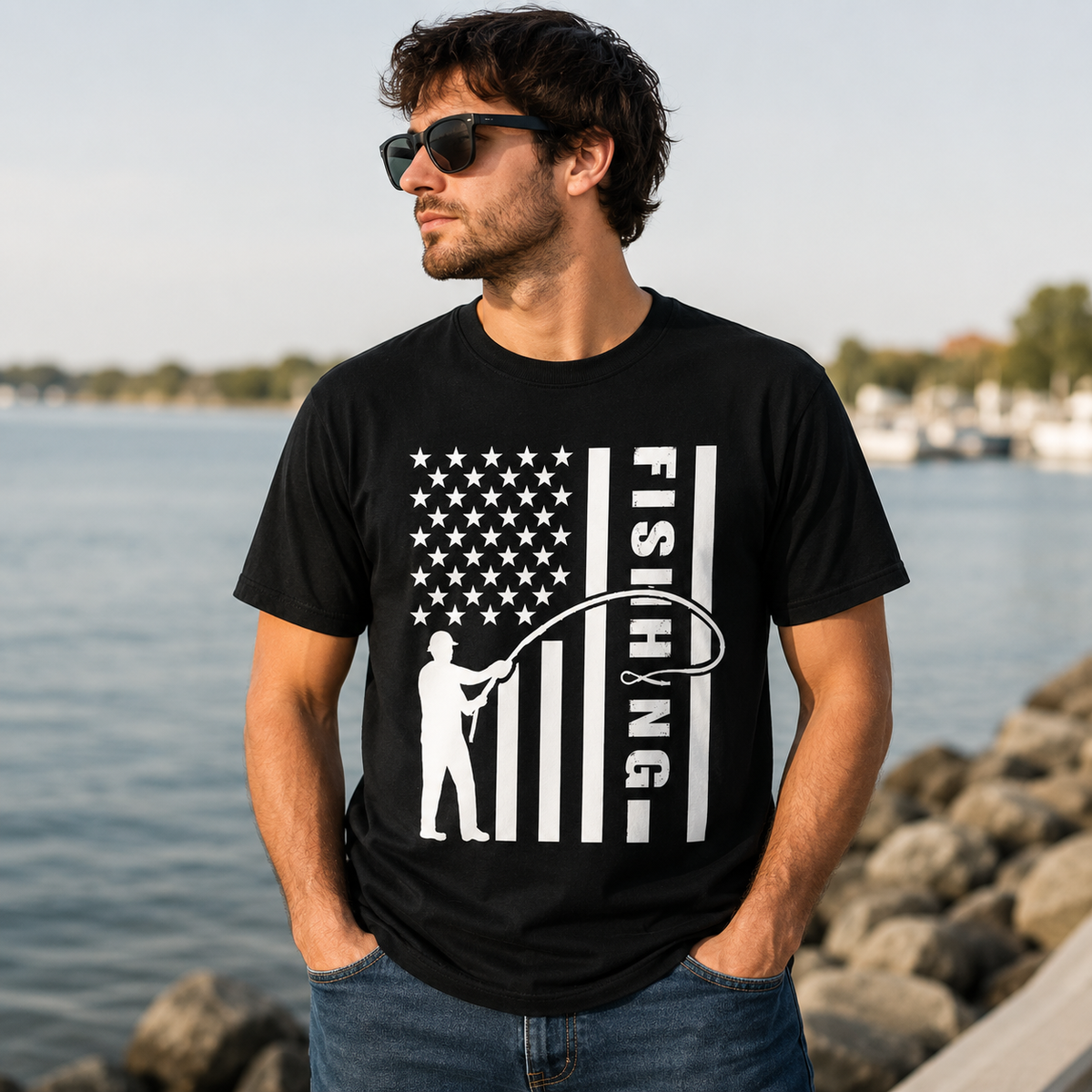 A man wearing a black t-shirt with a white graphic of a fishing flag and the word 'FISHING' stands in front of a rocky waterfront.