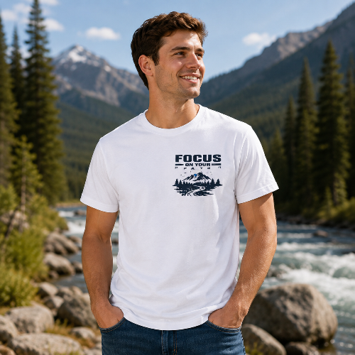 A man wearing a white crewneck t-shirt with a dark navy graphic that reads 'FOCUS IN YOUR MOUNTAINS' above a mountain and pine tree illustration, standing outdoors in front of a scenic mountain river landscape.