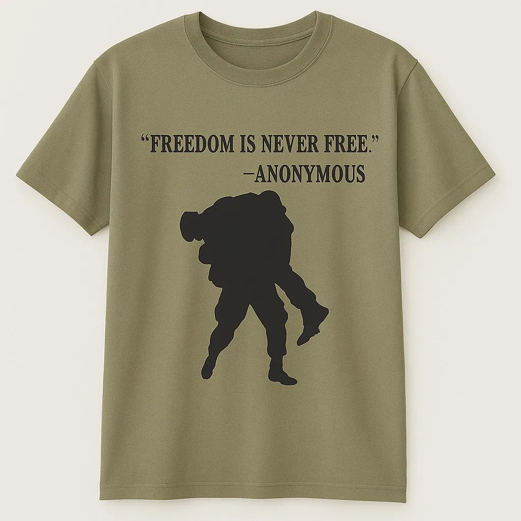 Olive green Freedom Quote silhouette graphic short sleeve t-shirt featuring military soldier silhouette and inspirational freedom quote design for casual unisex everyday wear by LB AND SK DESIGN SHOP