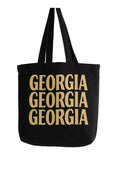Black cotton tote bag with bold gold Georgia typography design, reusable shoulder tote for shopping, travel, groceries, books, and everyday carry