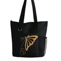 Black reusable tote bag with elegant gold butterfly graphic design, shoulder tote for shopping, travel, work, school, everyday carry, fashion accessories, nature lovers, and stylish lifestyle use