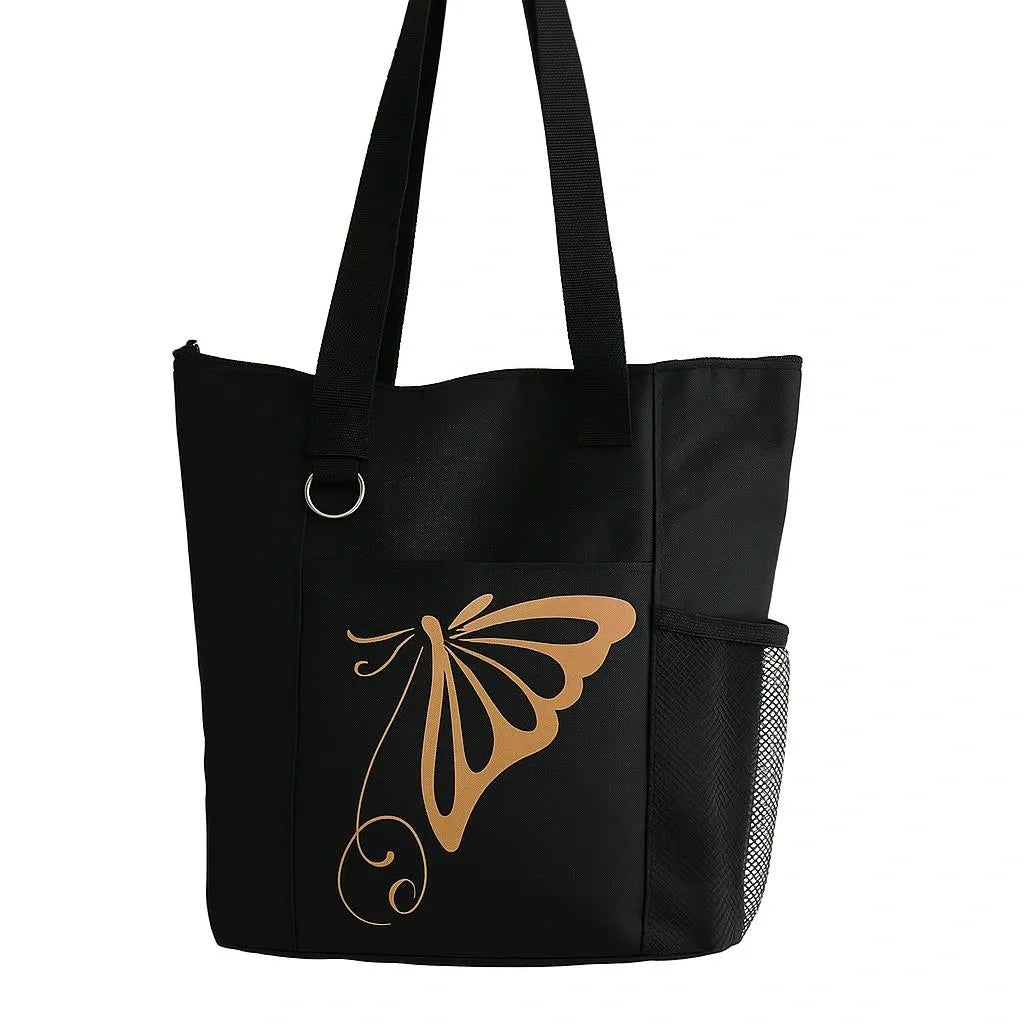 Black reusable tote bag with elegant gold butterfly graphic design, shoulder tote for shopping, travel, work, school, everyday carry, fashion accessories, nature lovers, and stylish lifestyle use
