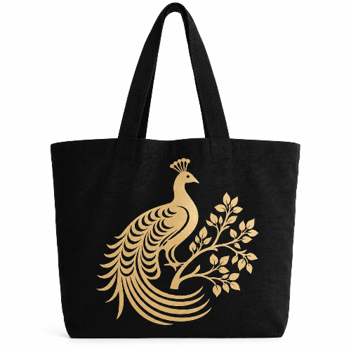 Black cotton tote bag featuring an elegant gold peacock and floral branch design on a white background.