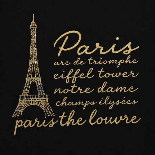 Gold Paris-themed graphic on a black background, featuring a line drawing of the Eiffel Tower and decorative script text including 'Paris', 'eiffel tower', 'notre dame', 'champs élysées', and 'paris the louvre'.