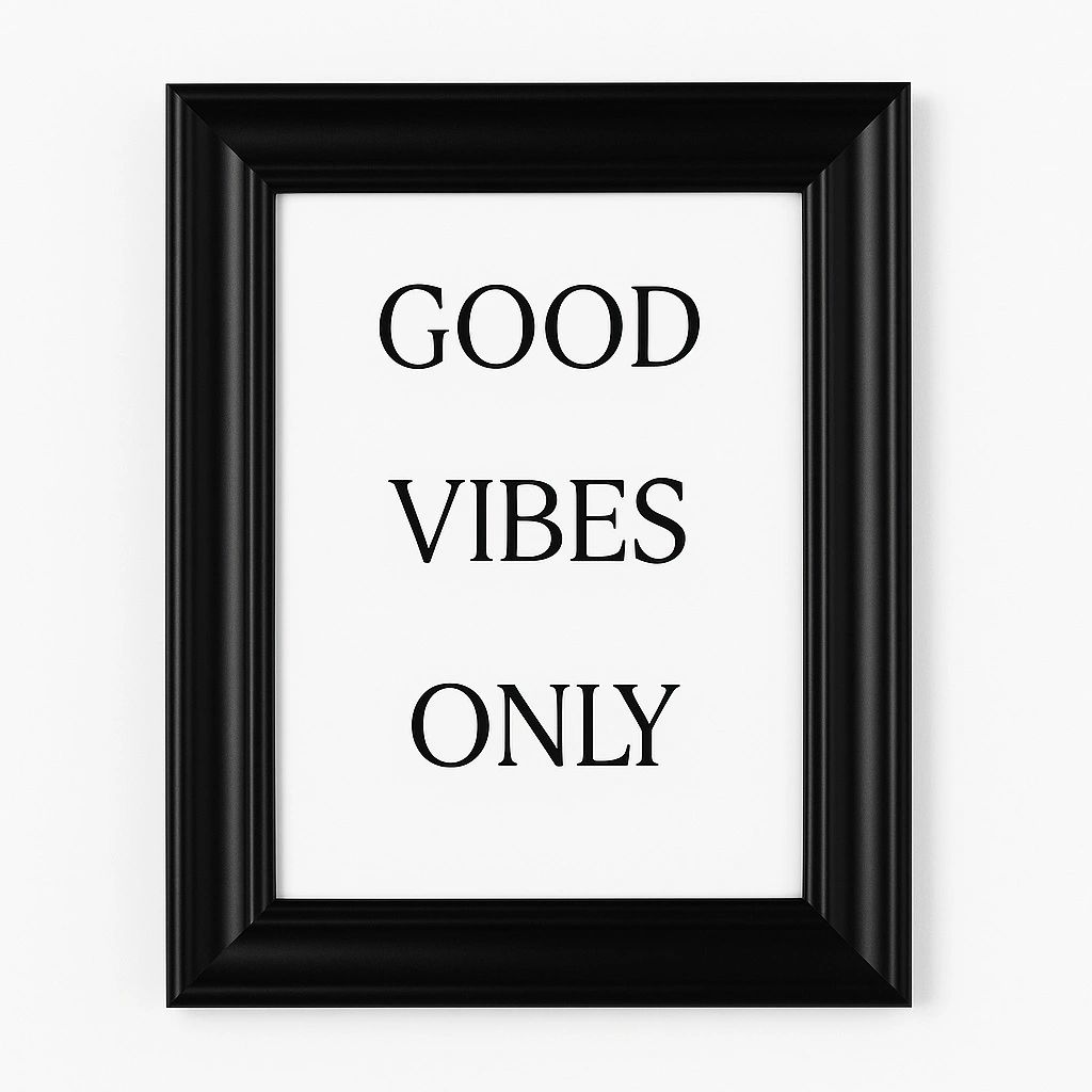 Minimalist Good Vibes Only framed wall art featuring elegant black typography in a modern black frame for home, office, bedroom, and living room décor.