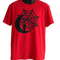 Red unisex graphic T shirt featuring a bold black gothic cat with a spiderweb design. Soft casual tee for Halloween, cat lovers, gothic fashion, and everyday streetwear.