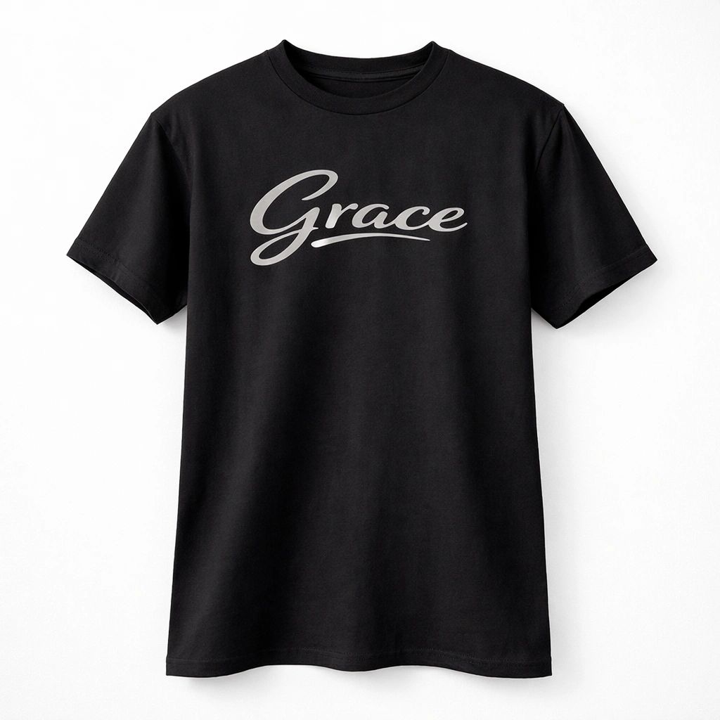 Black unisex graphic T shirt featuring the word Grace in elegant white script lettering with a clean minimalist typography design.