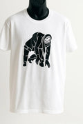 White graphic short sleeve t-shirt featuring bold black bear illustration design, casual unisex streetwear tee for everyday fashion by LB AND SK DESIGN SHOP