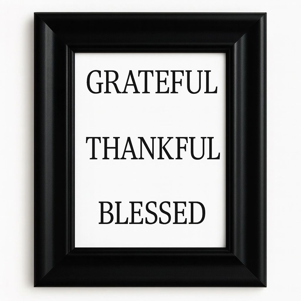 Minimalist black framed wall art featuring the words Grateful Thankful Blessed in elegant typography for modern home, office, farmhouse, and living room décor.