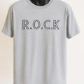 Gray graphic t-shirt featuring the bold R.O.C.K statement design in black lettering, unisex motivational tee for casual everyday wear.