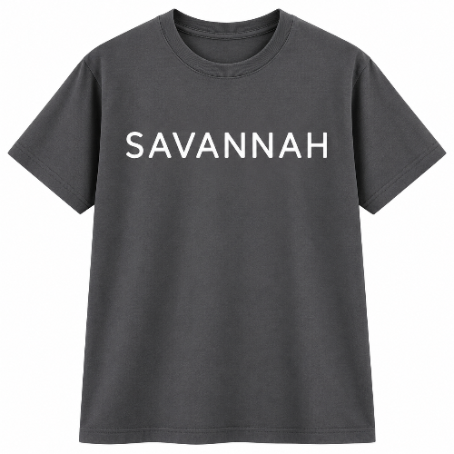 A dark gray crewneck t-shirt with the word 'SAVANNAH' printed in white capital letters across the chest, displayed on a solid white background.